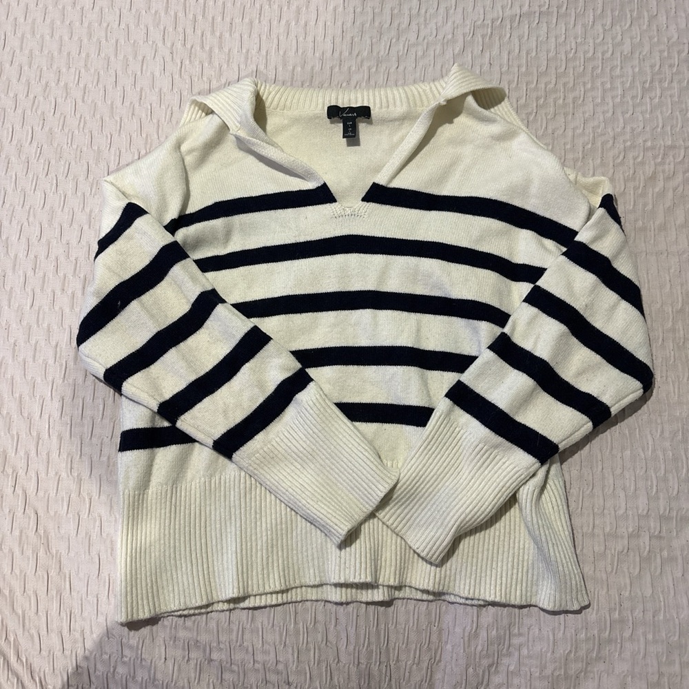 Amazon Cream and Black Striped V-Neck Sweater